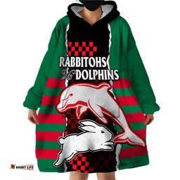 custom text and number nrl combine rabbitohs and dolphins wearable blanket hoodie