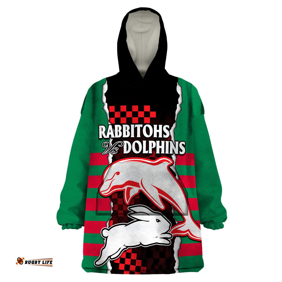 custom text and number nrl combine rabbitohs and dolphins wearable blanket hoodie
