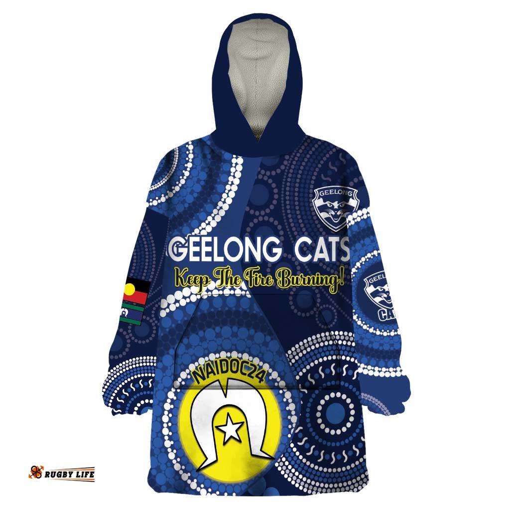 custom afl geelong naidoc week wearable blanket hoodie keep the fire burning indigenous art