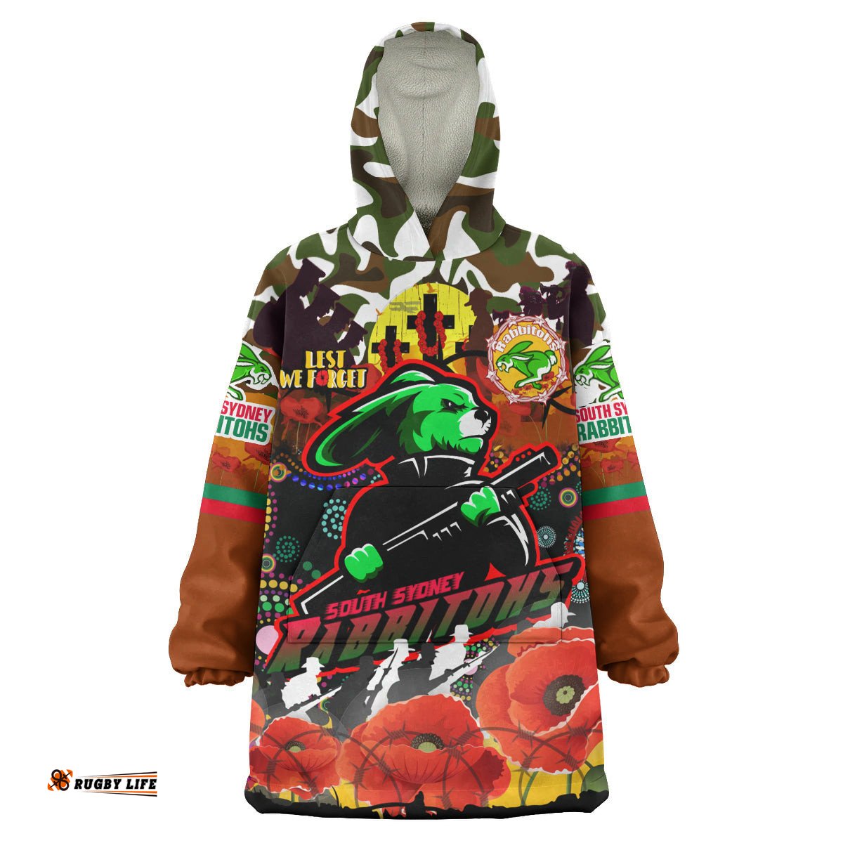 rabbitohs rugby camouflage anzac poppy snug hoodie souths anzac lest we forget spirit oodie blanket