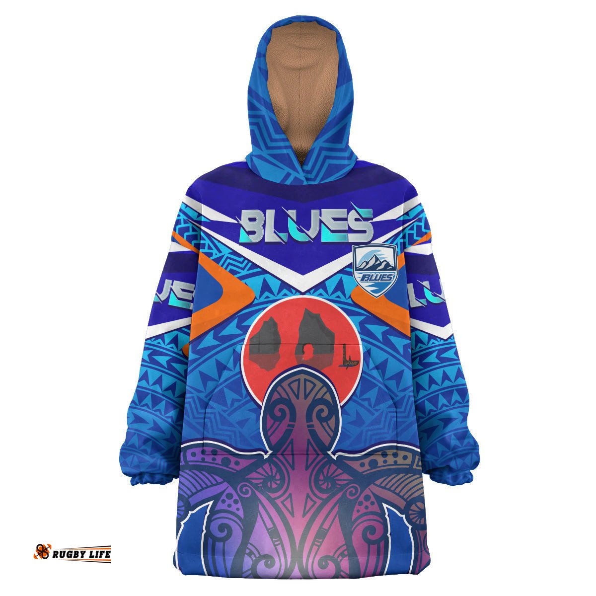 blues rugby custom polynesian snug hoodie auckland blues rugby with wharariki beach and maori sea turtle oodie blanket