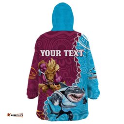 personalised sharks and broncos rugby wearable blanket hoodie aboriginal mix polynesian pattern