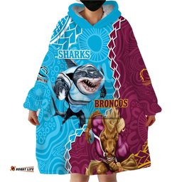 personalised sharks and broncos rugby wearable blanket hoodie aboriginal mix polynesian pattern