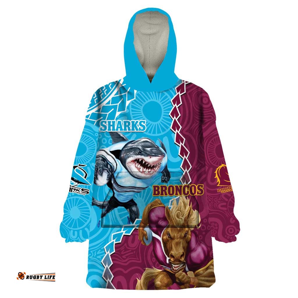 personalised sharks and broncos rugby wearable blanket hoodie aboriginal mix polynesian pattern