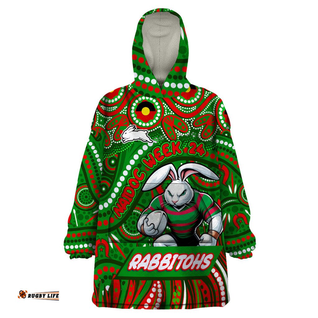 custom australia naidoc week 2024 wearable blanket hoodie rabbitohs mascot keep the fire burning dt02