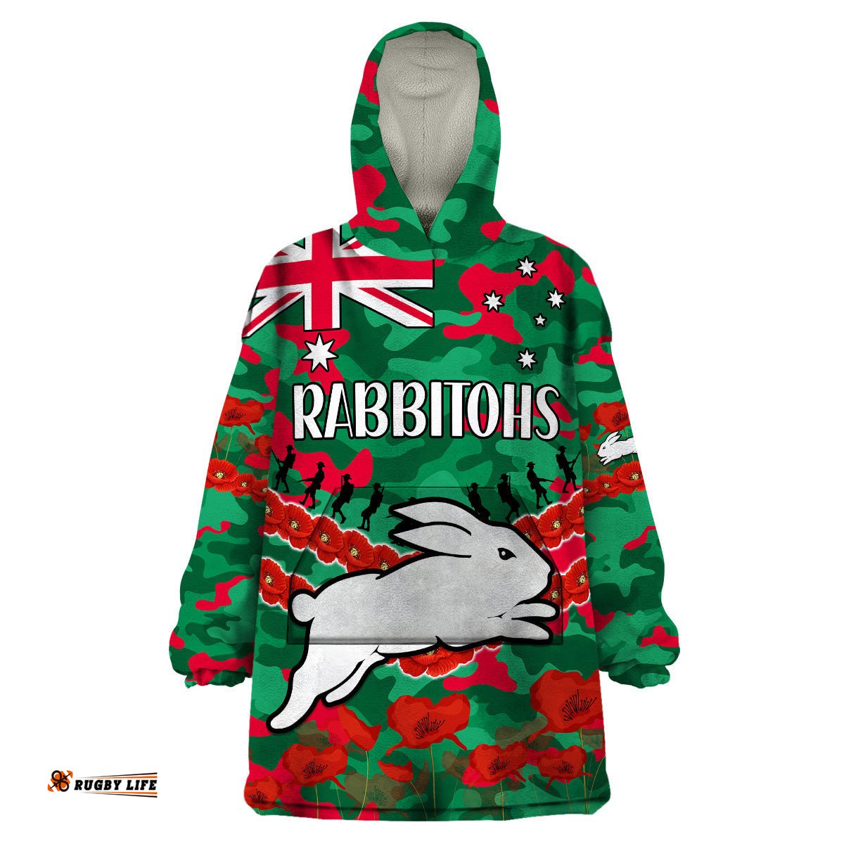 rabbitohs rugby anzac wearable blanket hoodie lest we forget