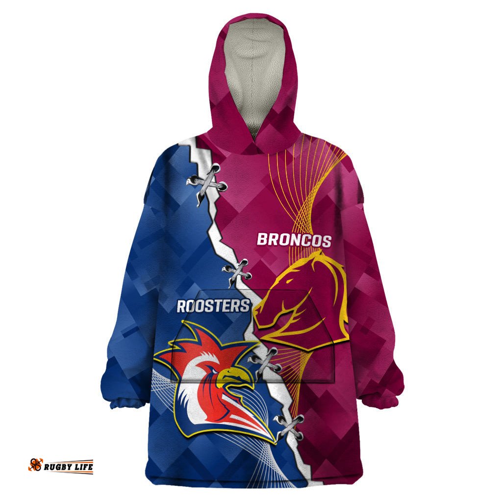 personalised roosters and broncos rugby wearable blanket hoodie nrl 2024 dynamic together