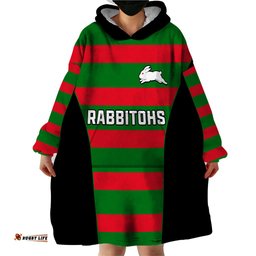 custom text and number rabbitohs rugby wearable blanket hoodie go souths 1908 sporty style black