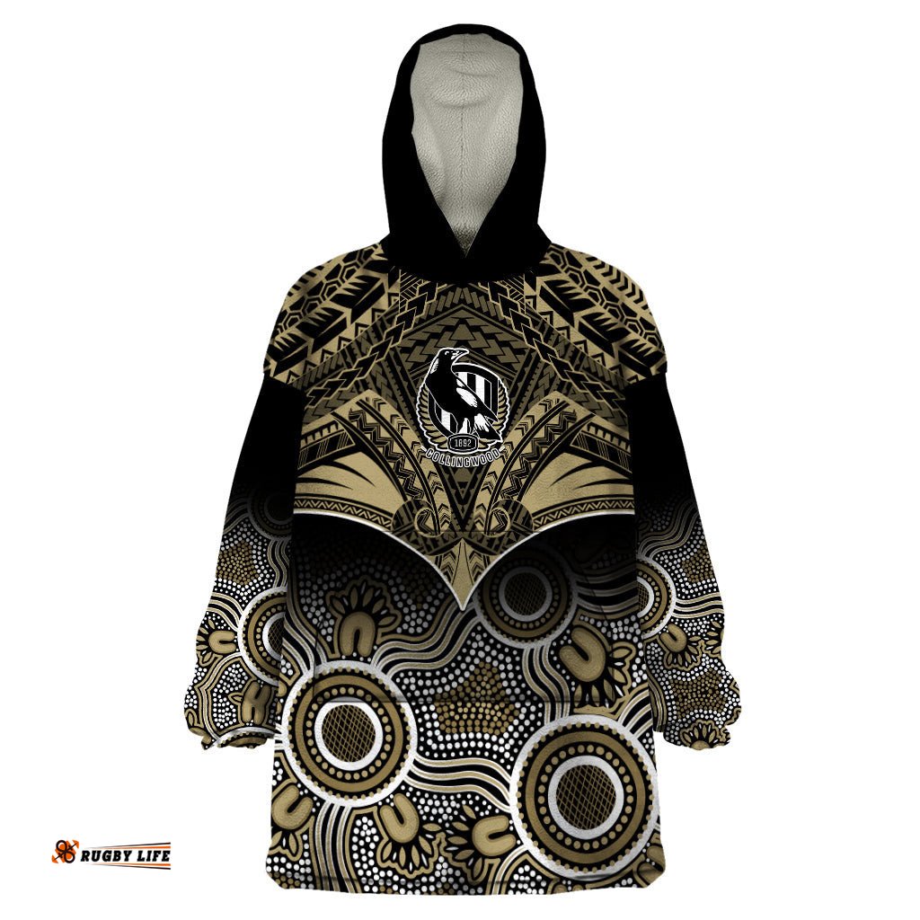 personalised collingwood football wearable blanket hoodie go magpies aboriginal mix polynesian pattern