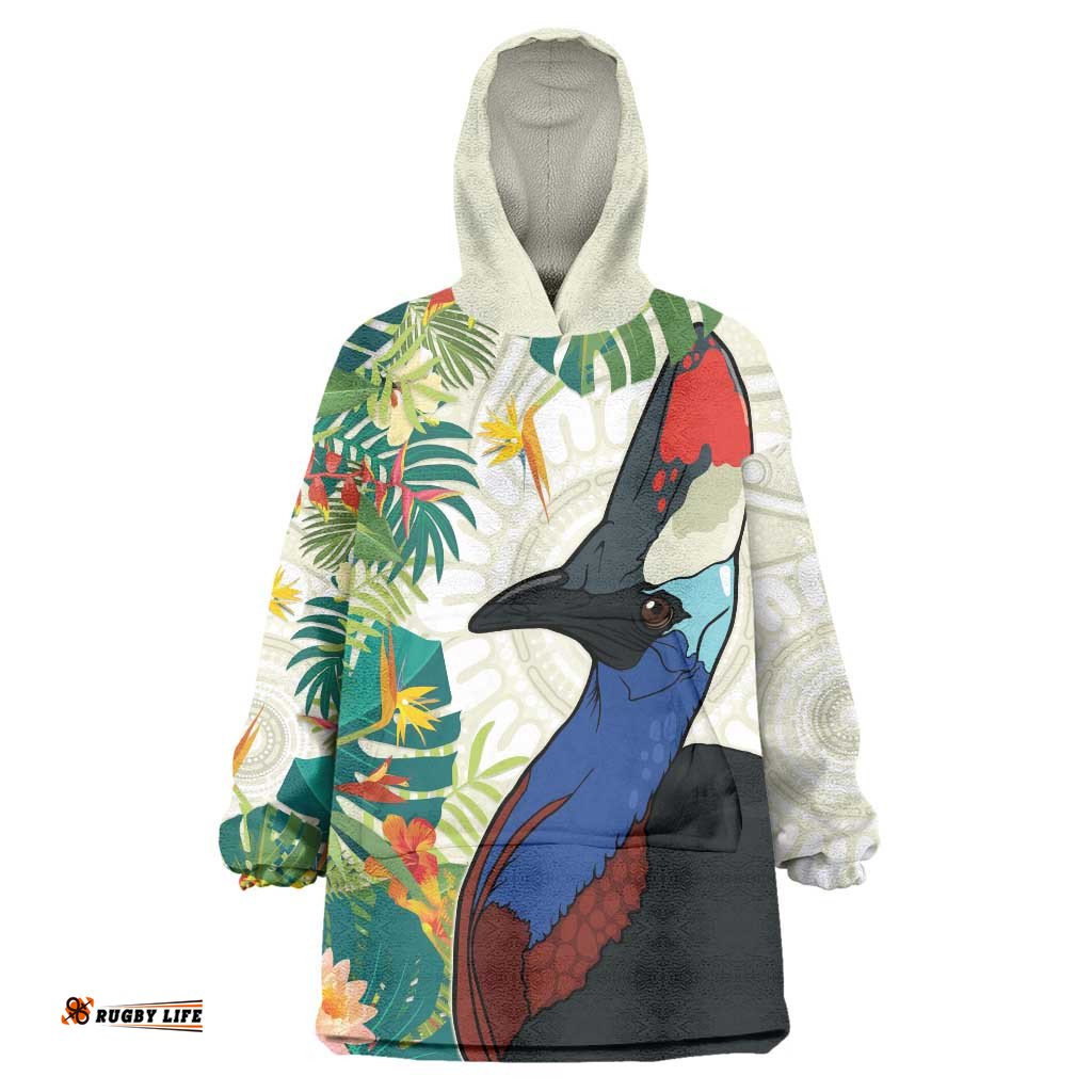 cassowary australia wearable blanket hoodie tropical flowers mix aboriginal art