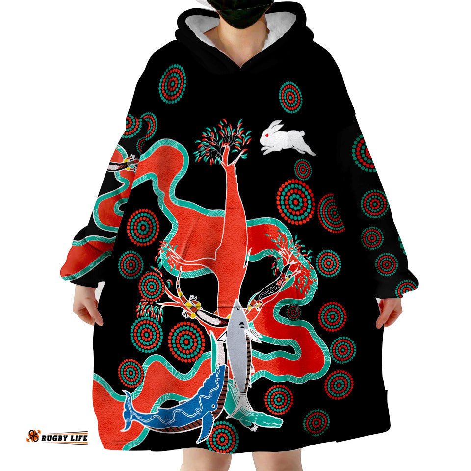 custom text and number rabbitohs wearable blanket hoodie go the bunnies aboriginal