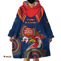custom nrl roosters naidoc week wearable blanket hoodie keep the fire burning indigenous art