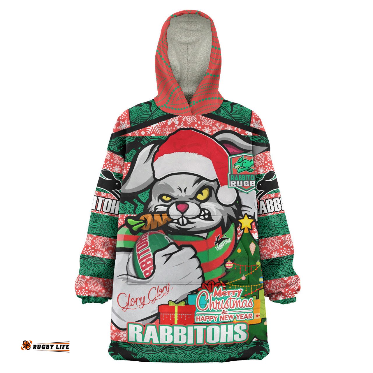 South Sydney Rabbitohs Custom Snug Hoodie - Merry Christmas Super Rabbitohs With Ball And Aboriginal Patterns Oodie Blanket