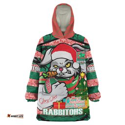 South Sydney Rabbitohs Custom Snug Hoodie - Merry Christmas Super Rabbitohs With Ball And Aboriginal Patterns Oodie Blanket
