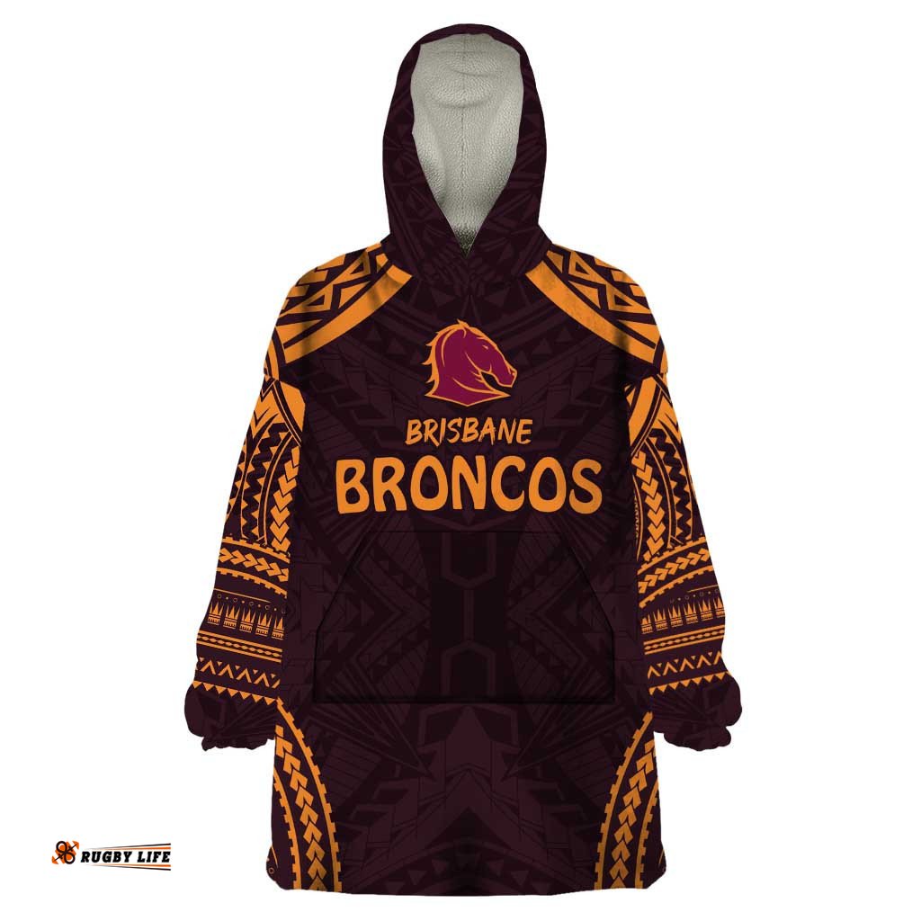 custom broncos rugby wearable blanket hoodie with polynesian style