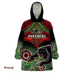 panthers rugby wearable blanket hoodie penrith 1966 aboriginal mix polynesian pattern