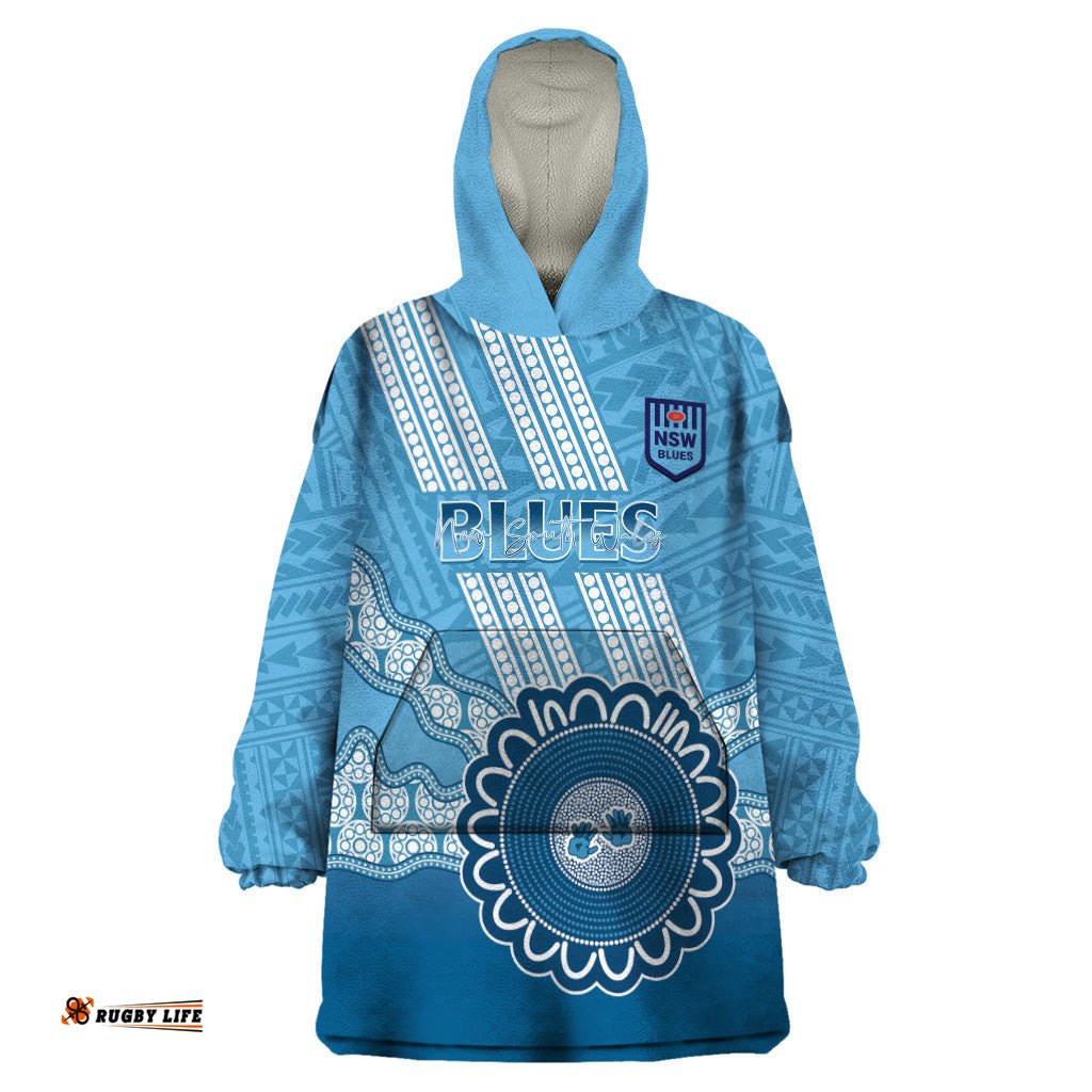 custom nsw blues rugby wearable blanket hoodie aussie aboriginal mix polynesian pattern