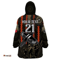 custom text and number anzac collingwood football wearable blanket hoodie proud to be magpies poppy flowers and aboriginal version
