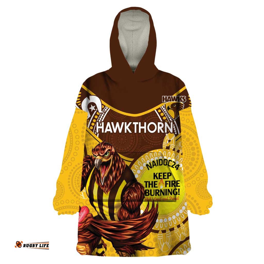 custom afl hawkthorn naidoc week wearable blanket hoodie keep the fire burning indigenous art