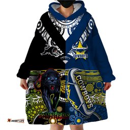 custom panthers and cowboys rugby wearable blanket hoodie aboriginal version