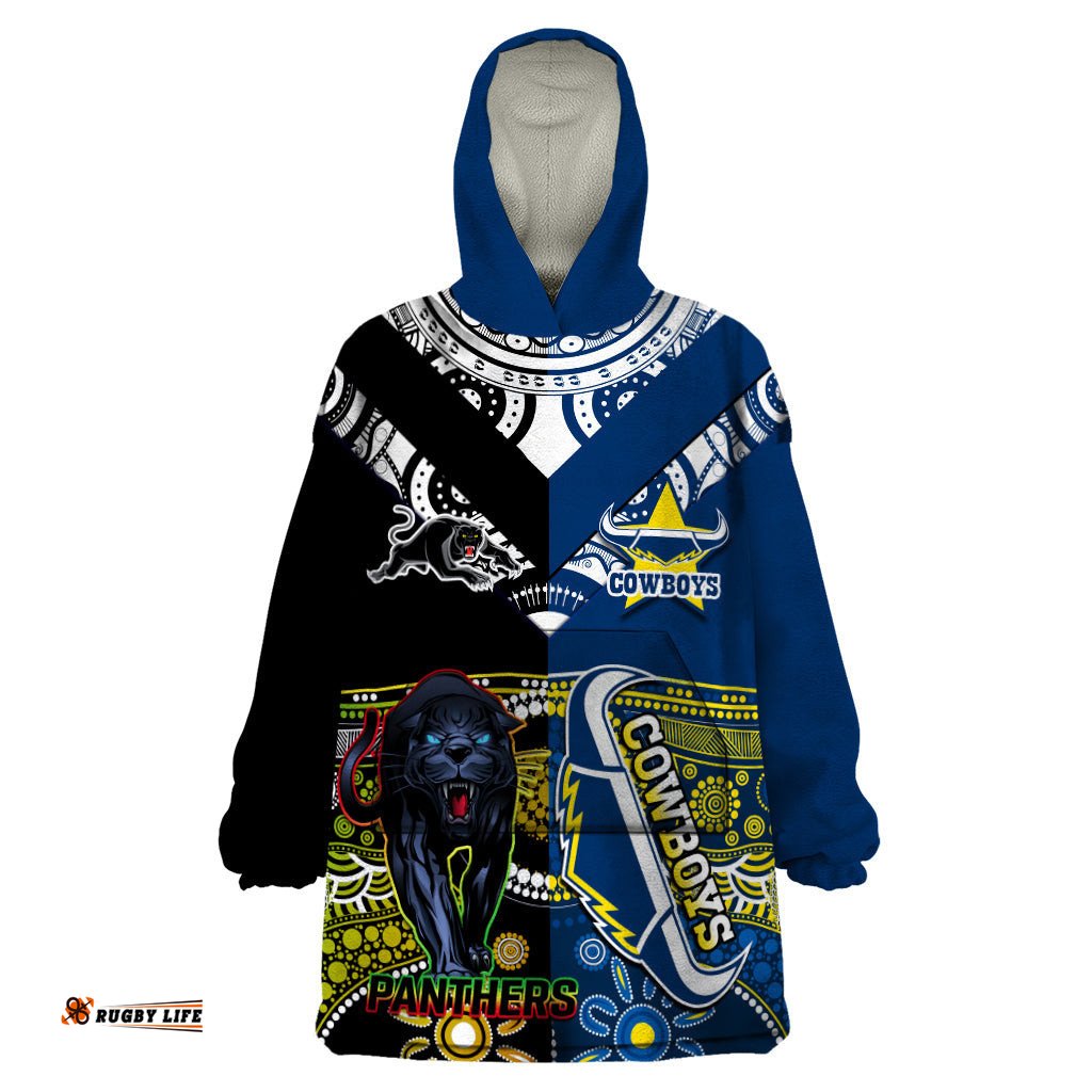 custom panthers and cowboys rugby wearable blanket hoodie aboriginal version