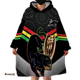 personalised panthers rugby 2024 wearable blanket hoodie mascot with trophy go champions aboriginal art
