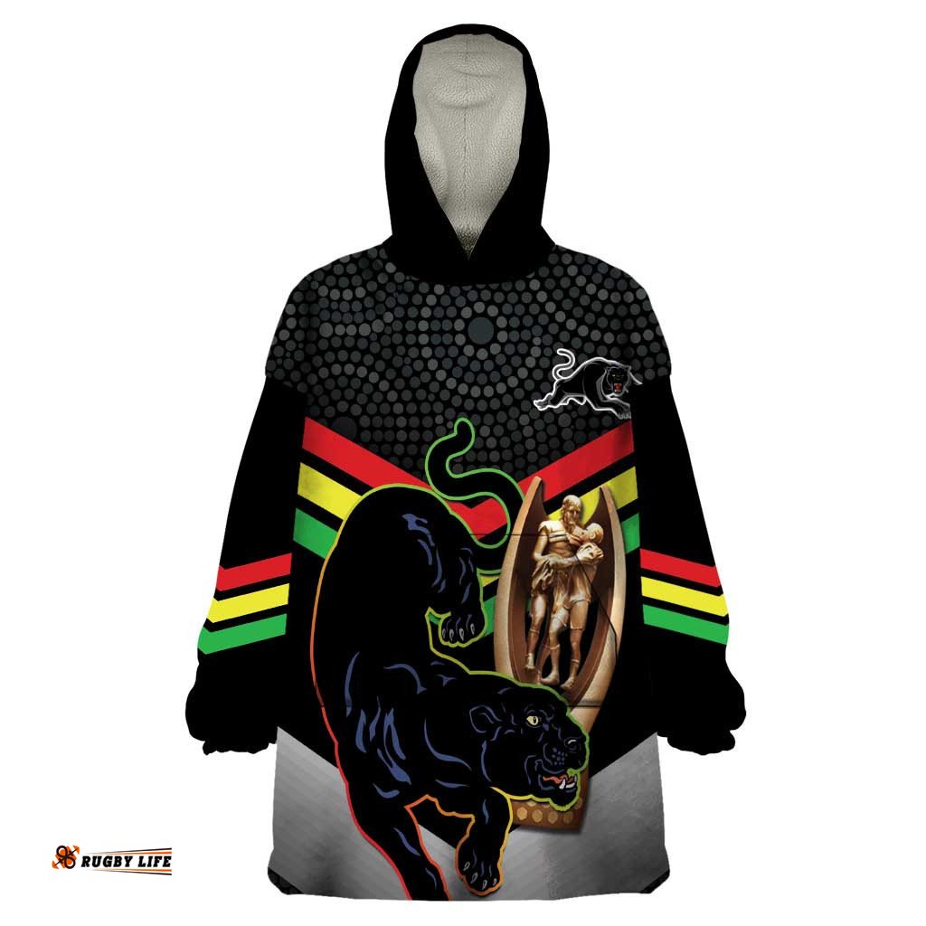 personalised panthers rugby 2024 wearable blanket hoodie mascot with trophy go champions aboriginal art