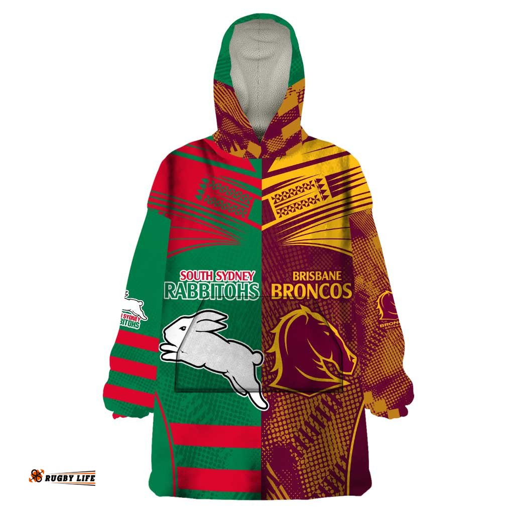 custom nrl rabbitohs and broncos wearable blanket hoodie sporty style