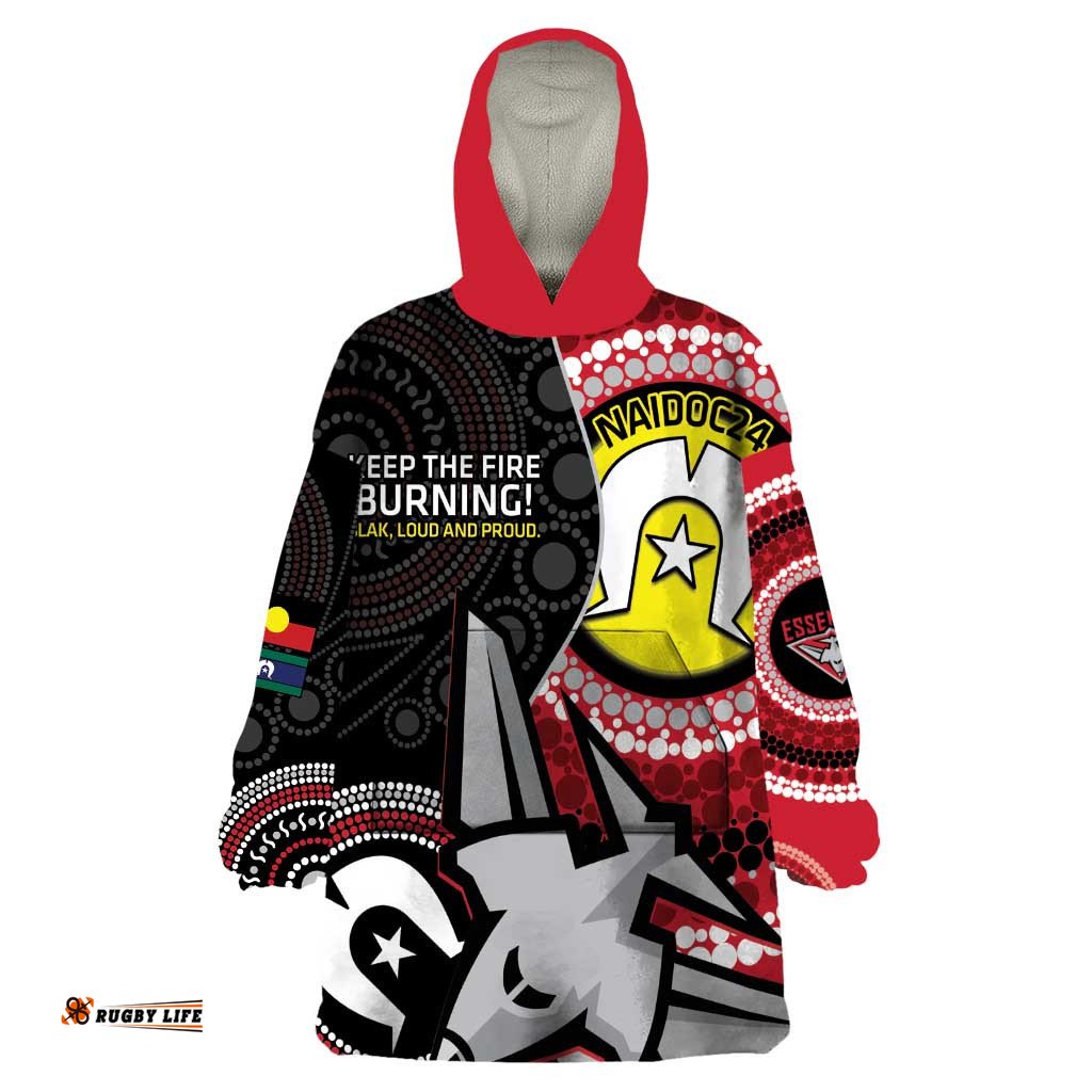 custom afl essendon naidoc week wearable blanket hoodie keep the fire burning indigenous art