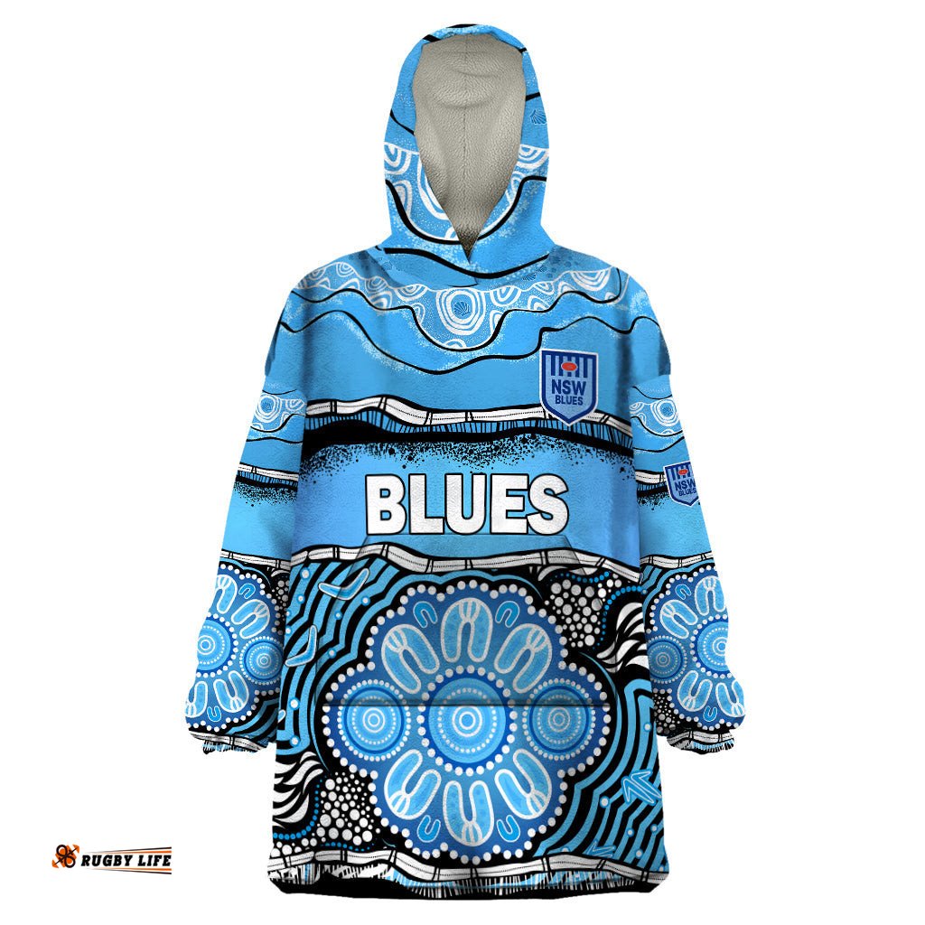 custom text and number blues rugby aboriginal wearable blanket hoodie new south wales state of origin