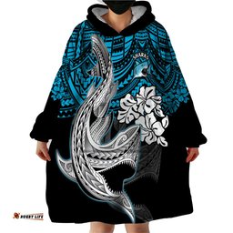 custom sharks rugby wearable blanket hoodie hibiscus and sharkies tattoo with polynesian pattern