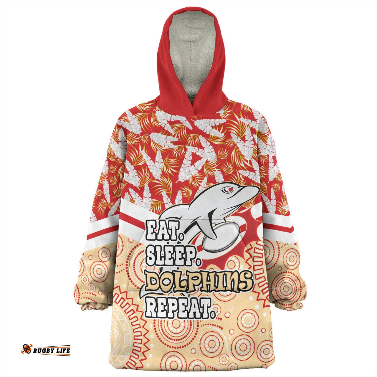 Redcliffe Dolphins Snug Hoodie - Tropical Patterns And Dot Painting Eat Sleep Rugby Repeat