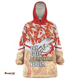 Redcliffe Dolphins Snug Hoodie - Tropical Patterns And Dot Painting Eat Sleep Rugby Repeat