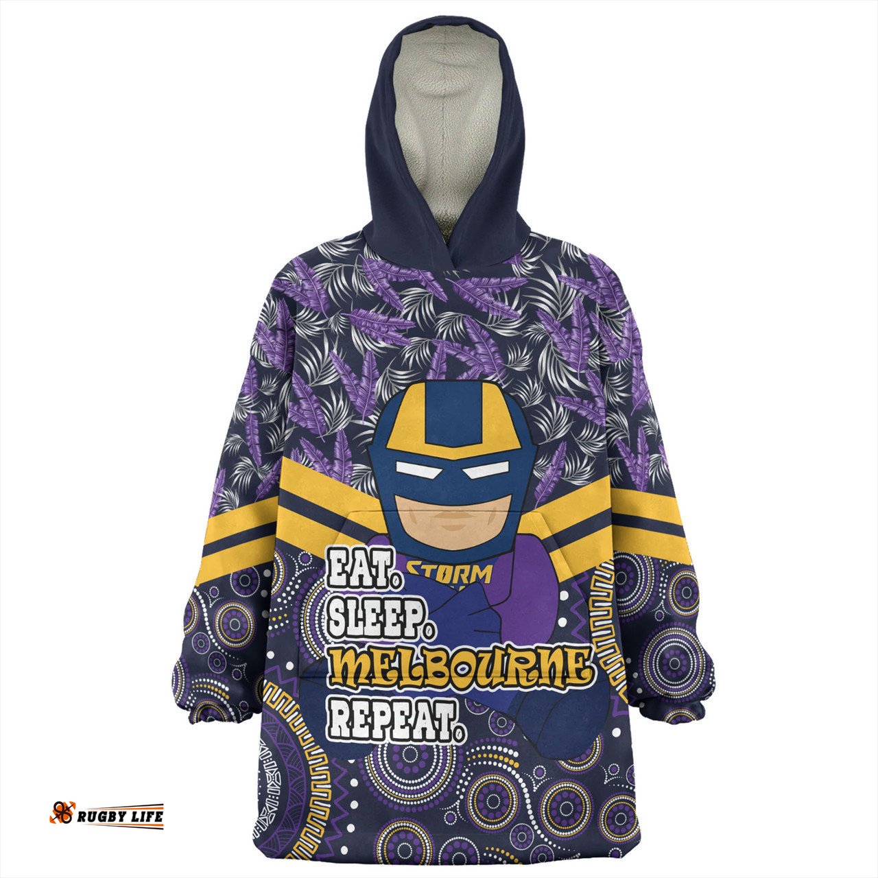 Melbourne Storm Snug Hoodie - Tropical Patterns And Dot Painting Eat Sleep Rugby Repeat