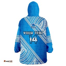 custom text and number blues rugby wearable blanket hoodie aotearoa super auckland polynesian pattern