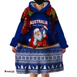personalised christmas in july wearable blanket hoodie happy santa claus with australia map blue style