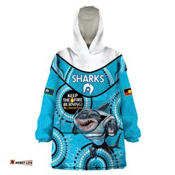 custom nrl sharks naidoc week wearable blanket hoodie keep the fire burning indigenous art