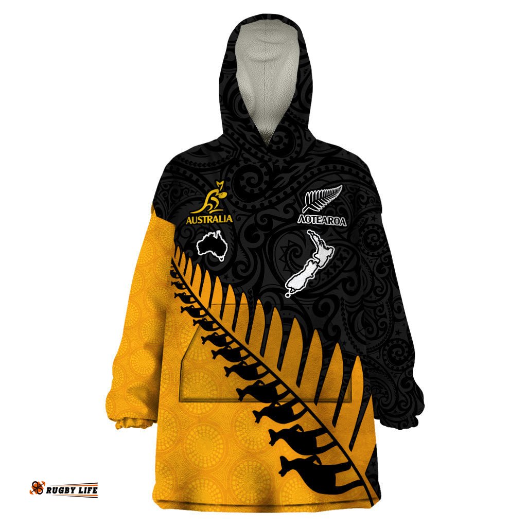 australia wallabies and aotearoa rugby wearable blanket hoodie kangaroo black fern maori gold vibe