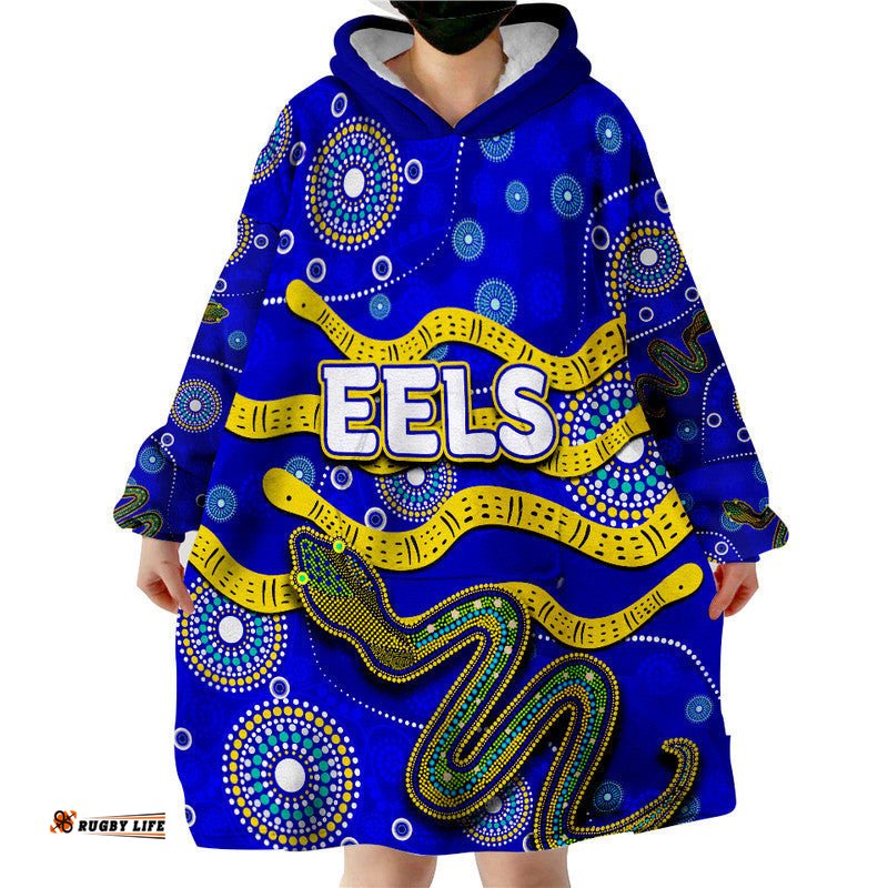 eels rugby wearable blanket hoodie aboriginal blue style