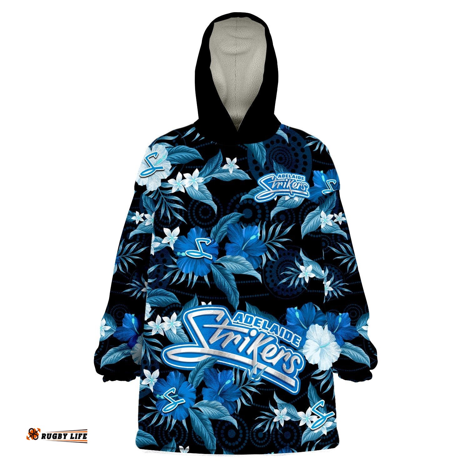 custom text and number adelaide strikers cricket wearable blanket hoodie aboriginal art mix tropical flowers