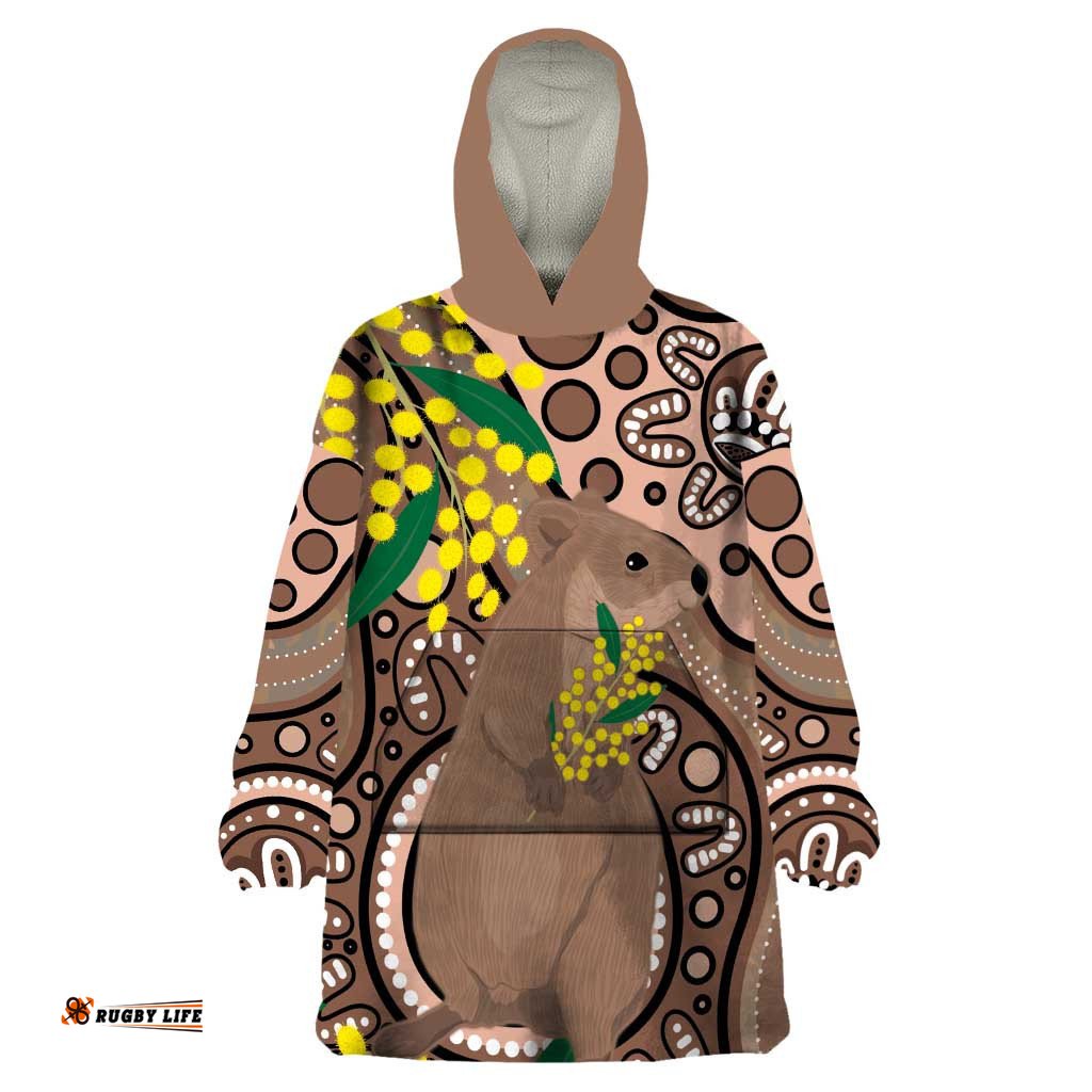 australia cute quokka wearable blanket hoodie indigenous art with golden wattle