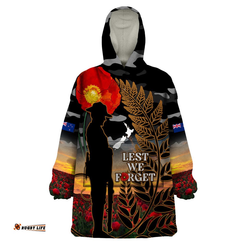 new zealand anzac day wearable blanket hoodie lest we forget silver fern with camouflage