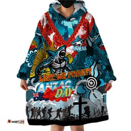personalised sharks anzac day wearable blanket hoodie aboriginal rising sun dt02