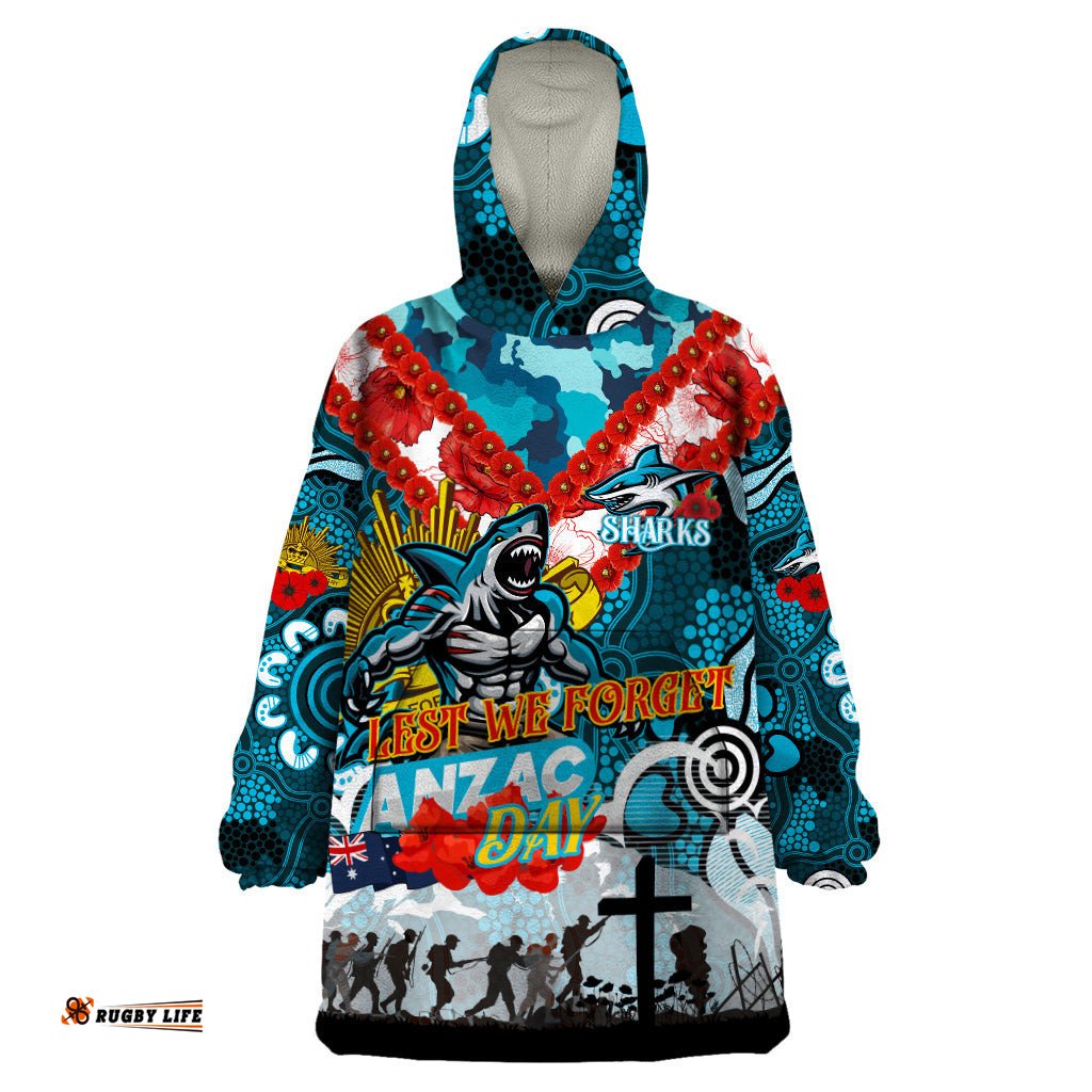 personalised sharks anzac day wearable blanket hoodie aboriginal rising sun dt02