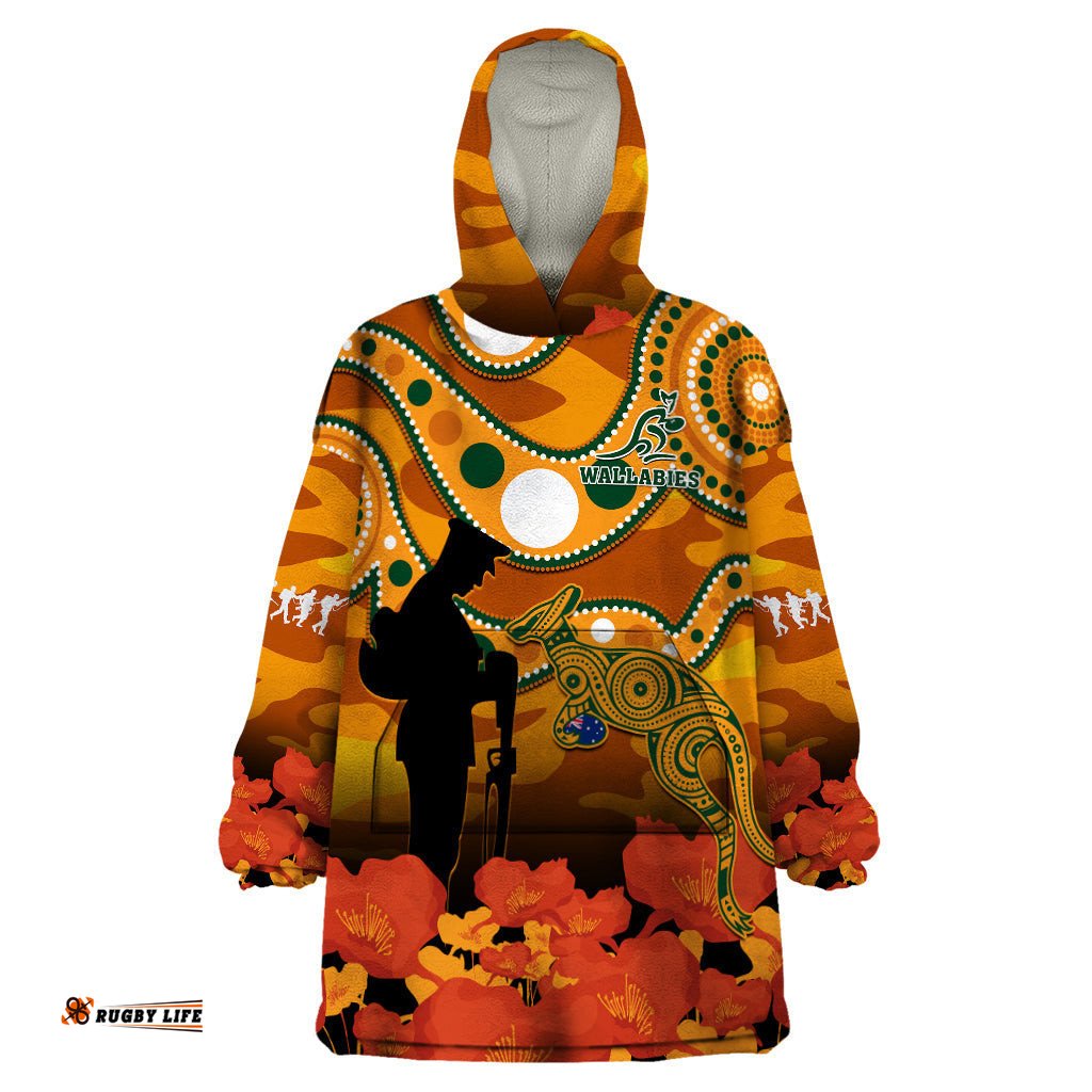 custom text and number wallabies rugby anzac wearable blanket hoodie aboriginal camouflage lest we forget