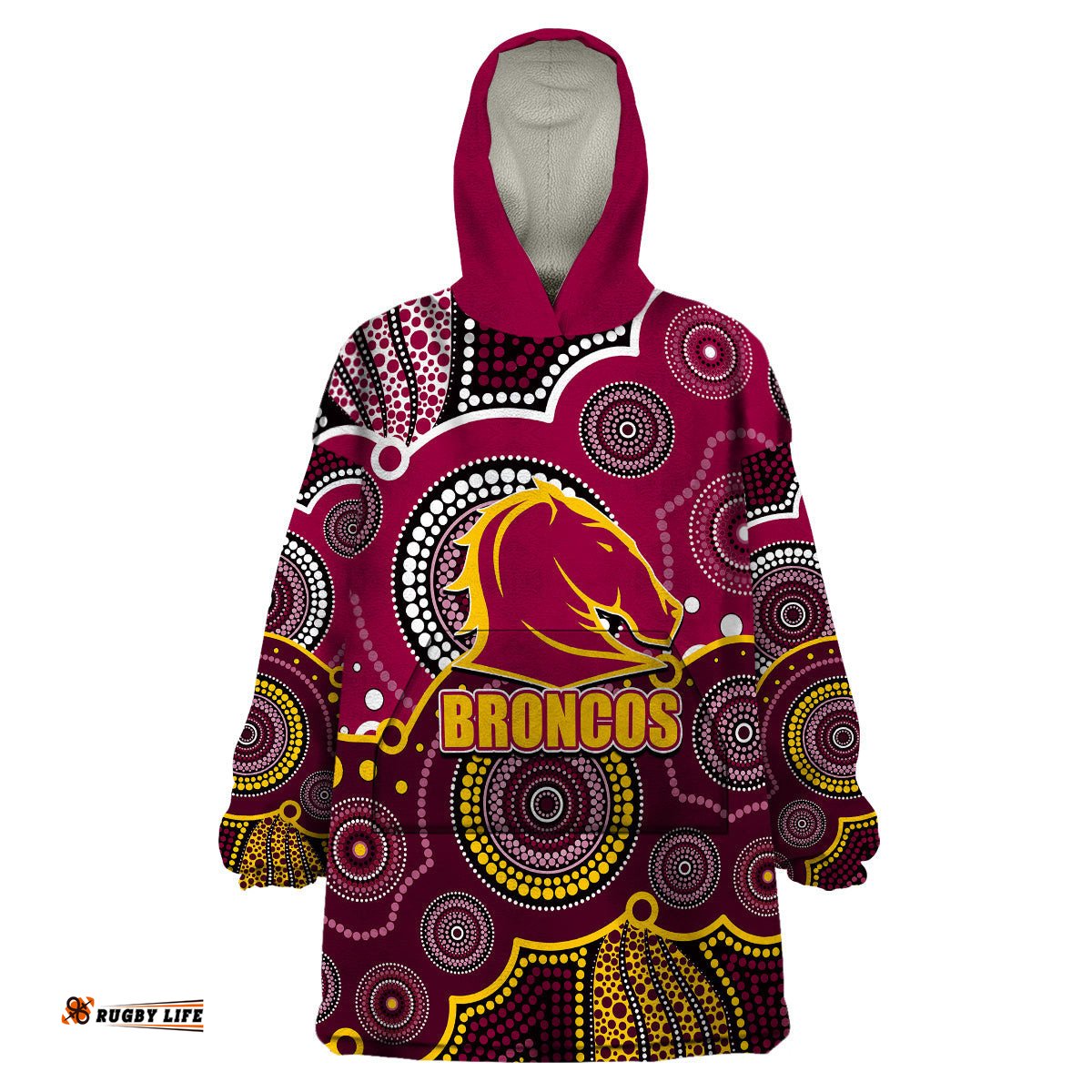 custom personalised and number broncos nrl wearable blanket hoodie aboriginal patterns