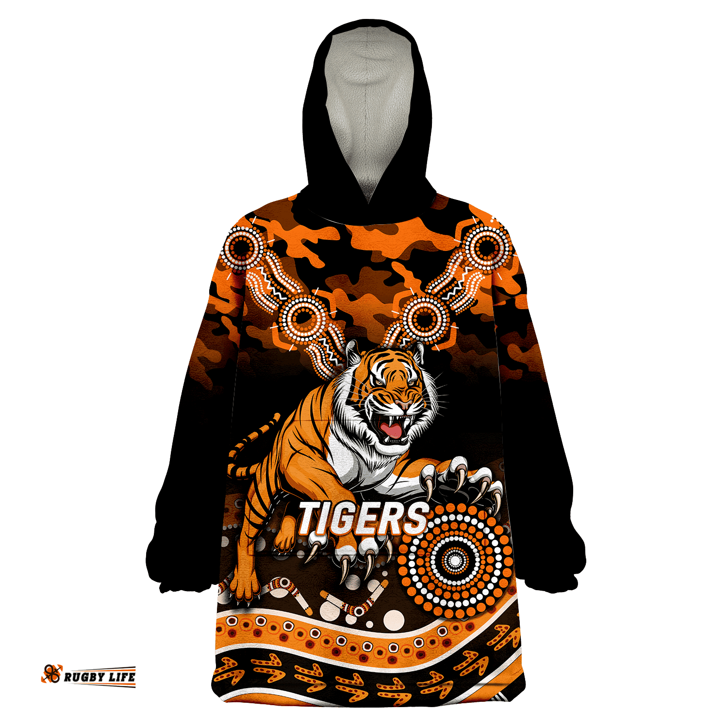 tigers rugby anzac day camouflage indigenous art wearable blanket hoodie