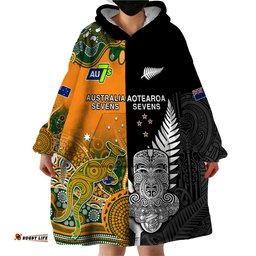 custom personalised aussie and aotearoa rugby 7s kangaroos mix tiki fern wearable blanket hoodie