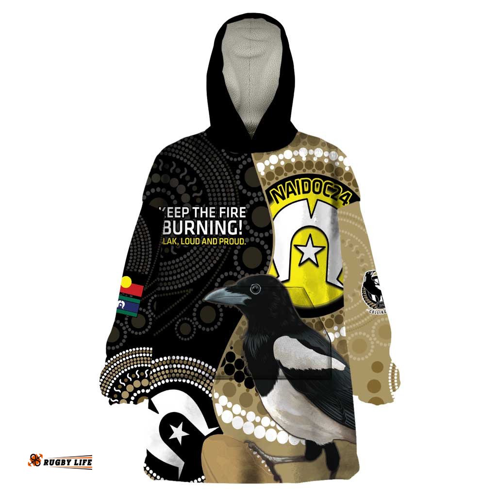 custom afl collingwood naidoc week wearable blanket hoodie keep the fire burning indigenous art