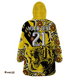 custom text and number richmond tigers football wearable blanket hoodie angry tiger roaring aboriginal boomerang and dots art